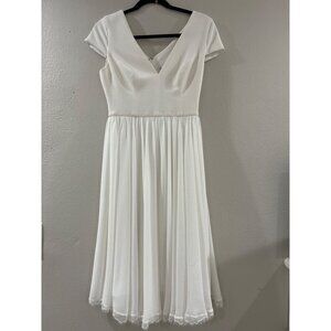 Dress the Population White Cap Sleeve Midi Dress with Lace Trim Hem sz Small